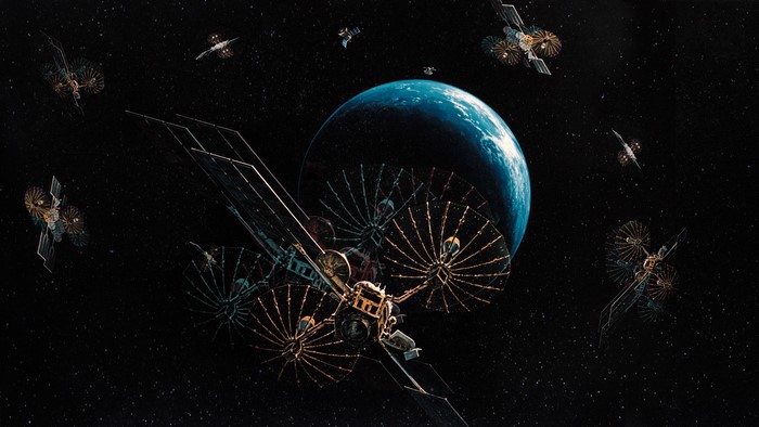 Satellites orbiting Earth with large solar arrays