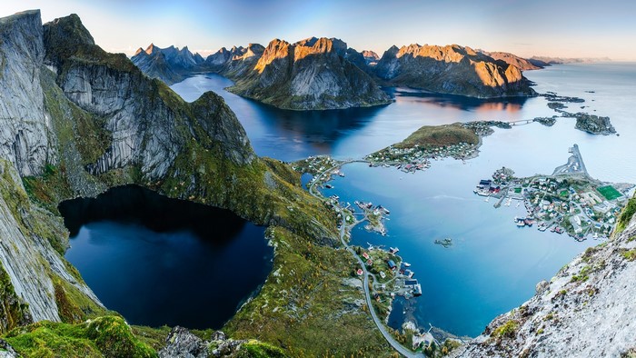 Aerial view of Reine, Lofoten Islands, Norway at sunset