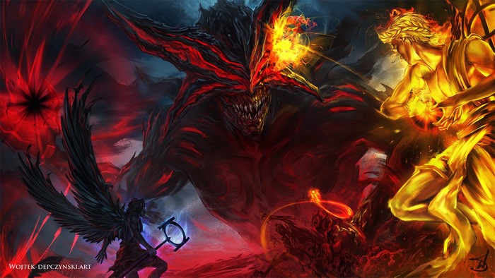 Path of Exile: Angelic and Demonic figures battling a monster