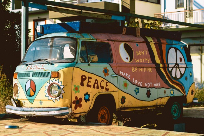 Hippie Volkswagen Van with Peace and Yin Yang Symbols