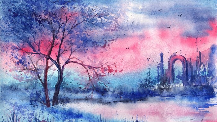 Watercolor painting of a tree and ruins by a river