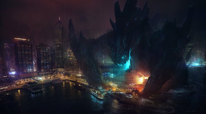 Kaiju attacking a city at night, digital art