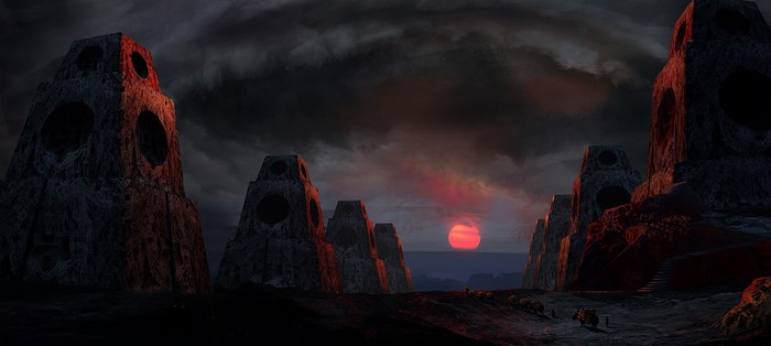 Alien landscape with monolithic structures at sunset