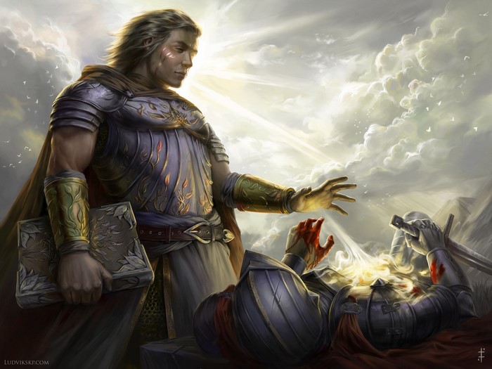 Knight with book healing a fallen warrior