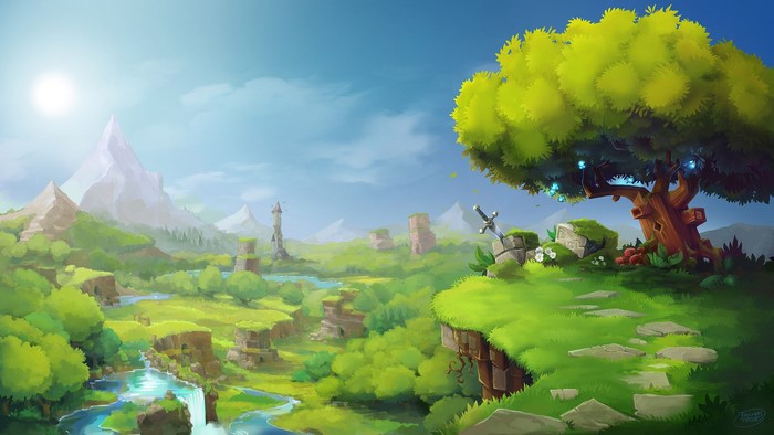 Fantasy landscape with mountains, rivers, and ruins
