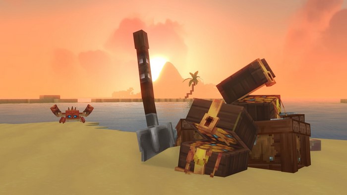 Hytale screenshot of treasure chests and a crab on a beach at sunset