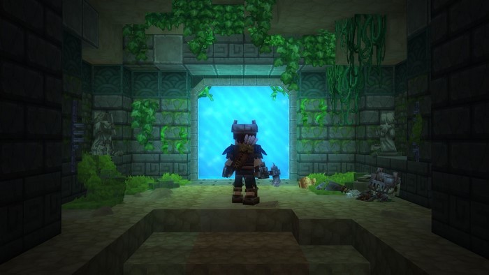 Character in front of a glowing portal in Hytale