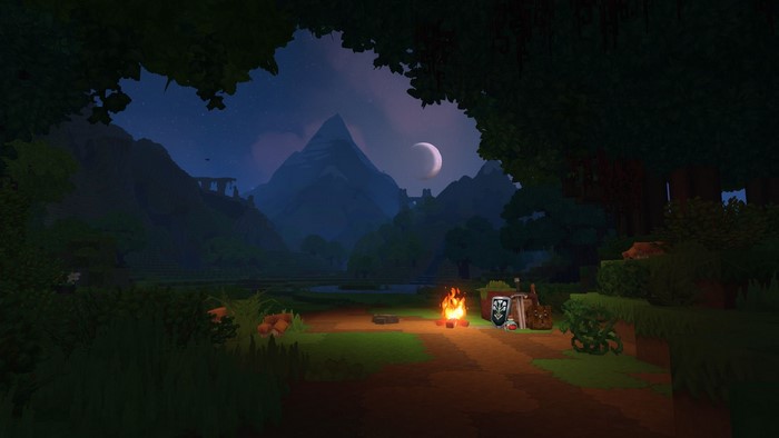 Hytale RPG screenshot with campfire and mountains