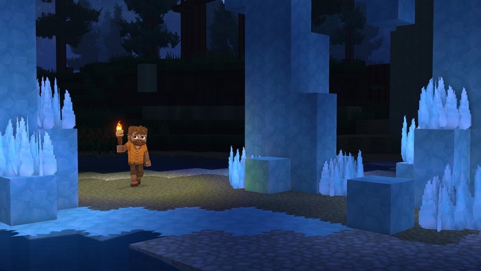 Character with torch in Hytale near ice formations