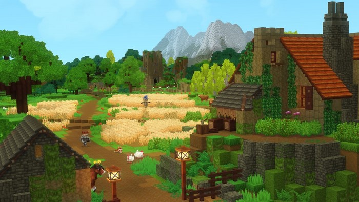 Hytale screenshot of a village with fields and mountains