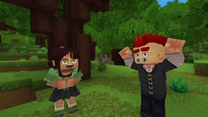 Two characters in a forest in Hytale