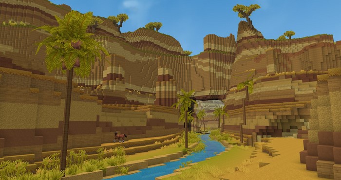 Hytale desert canyon with river and palm trees