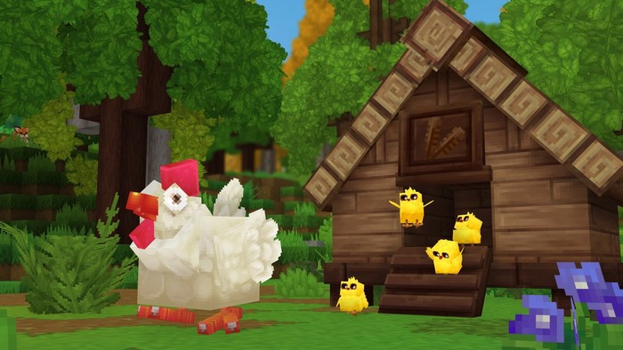 Hytale screenshot of chickens and a coop