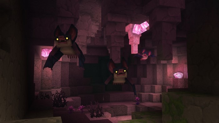 Bats in a cave with pink crystals in Hytale