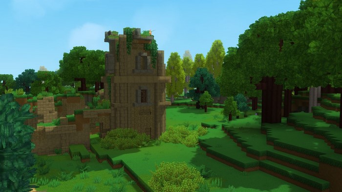 Ruined tower in a blocky forest landscape