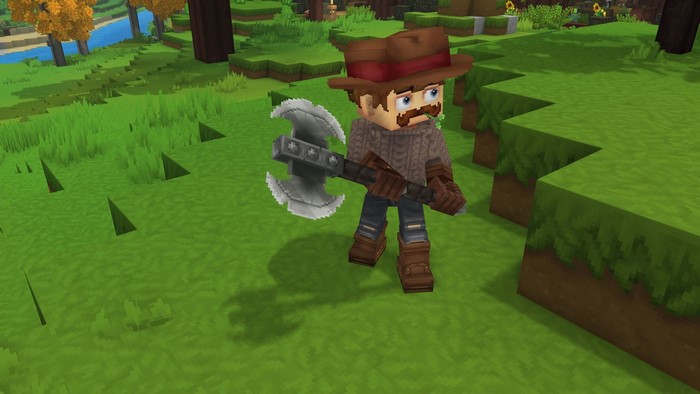 Hytale character with axe in grassy landscape