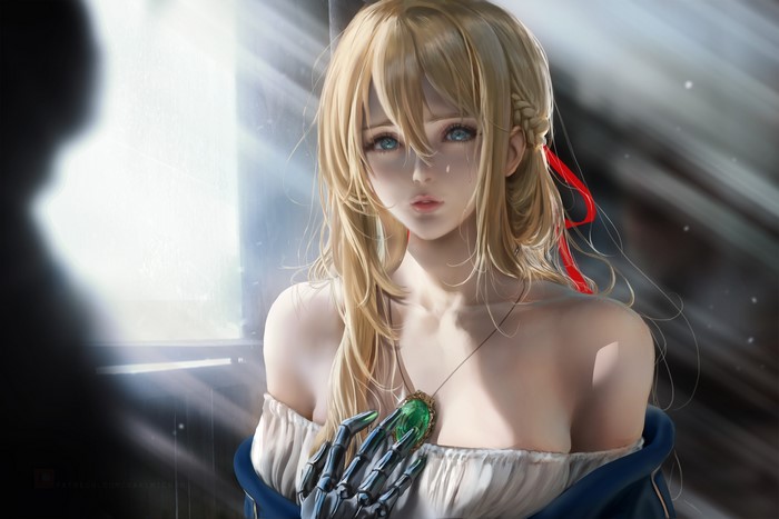 Violet Evergarden with Mechanical Arm and Green Gem Necklace