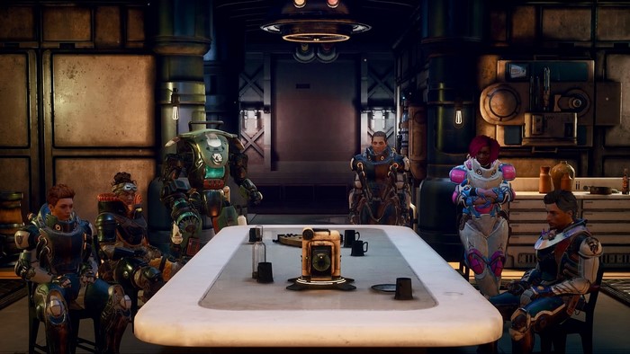 The Outer Worlds characters gathered around a table