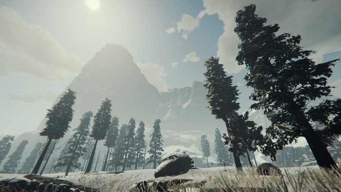 Video game screenshot of a snowy mountain landscape