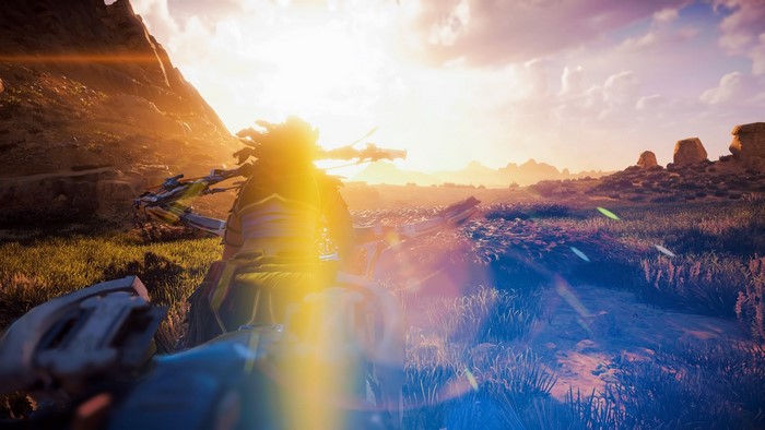 Aloy from Horizon Zero Dawn in a grassy field at sunset