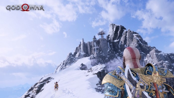 Kratos from God of War on a snowy mountain