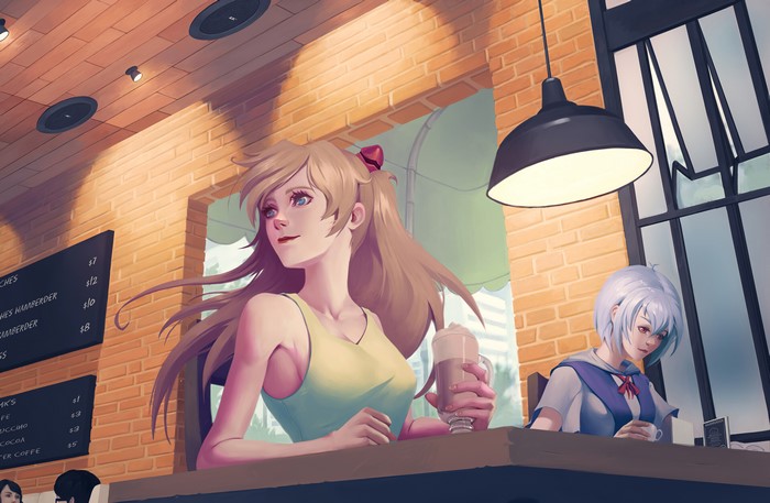 Asuka Langley Soryu and Rei Ayanami from Neon Genesis Evangelion at a cafe
