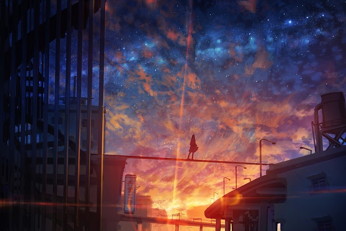 Anime girl walking on a bridge under a starry sunset sky