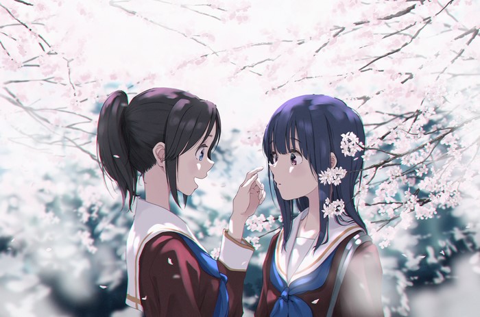 4K anime girls in school uniforms with cherry blossoms