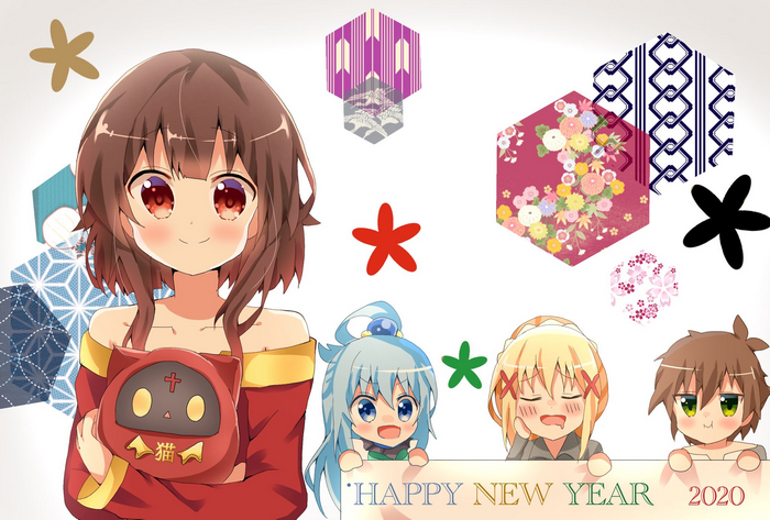 Megumin, Aqua, Darkness, and Kazuma from KonoSuba celebrating New Year 2020
