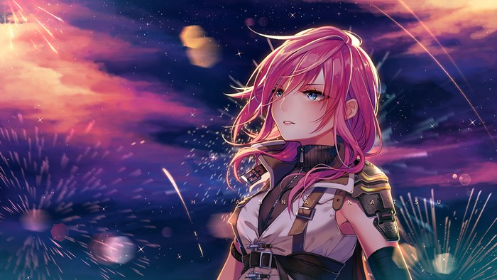 Lightning from Final Fantasy XIII with fireworks
