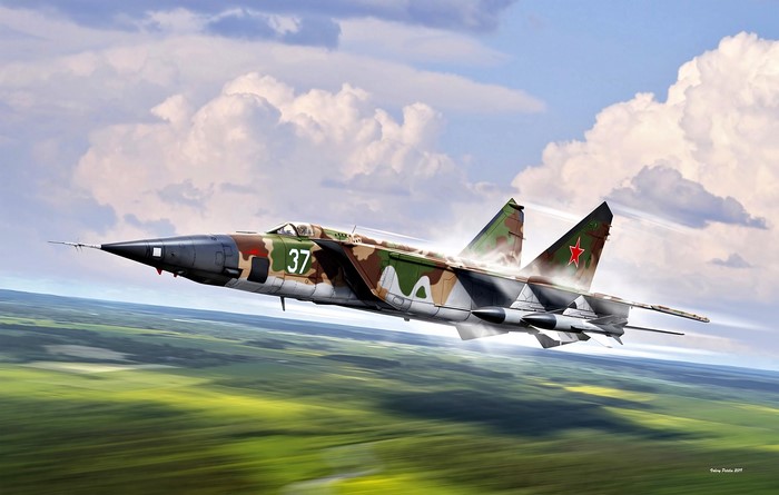 Camouflaged Mikoyan-Gurevich MiG-25 fighter jet in flight
