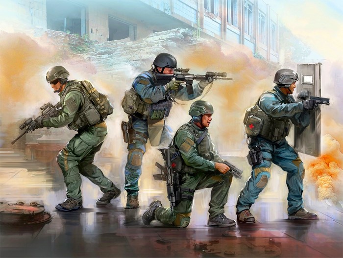 Special forces team in tactical gear with weapons