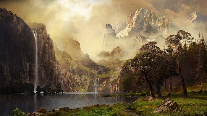 Fantasy landscape with mountains and waterfalls by Andrey Bakulin