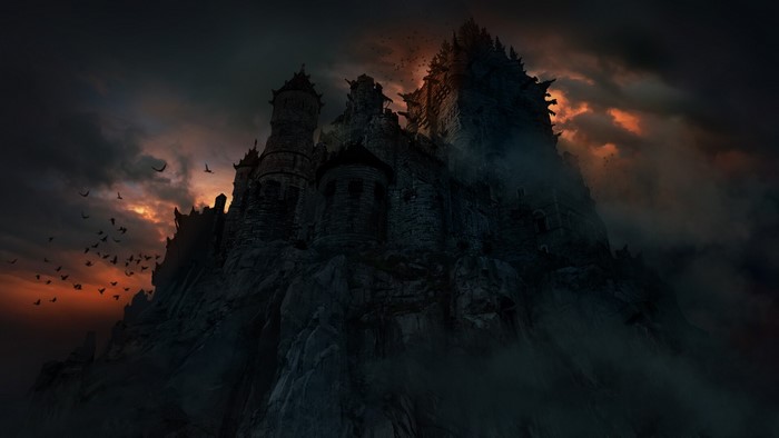 Dark fantasy castle on a rocky cliff with birds at sunset