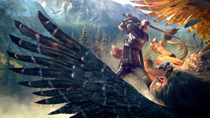 Geralt from The Witcher 3: Wild Hunt fighting a Griffin