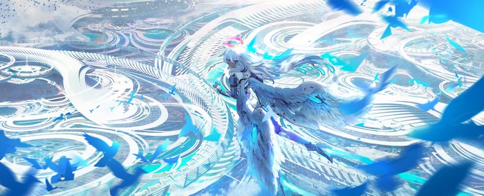 4K Anime Mecha Girl with Wings and Birds