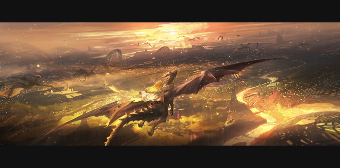 4K fantasy art of dragons flying over a city at sunset