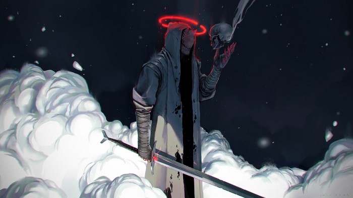 Dark fantasy character with sword and skull in clouds