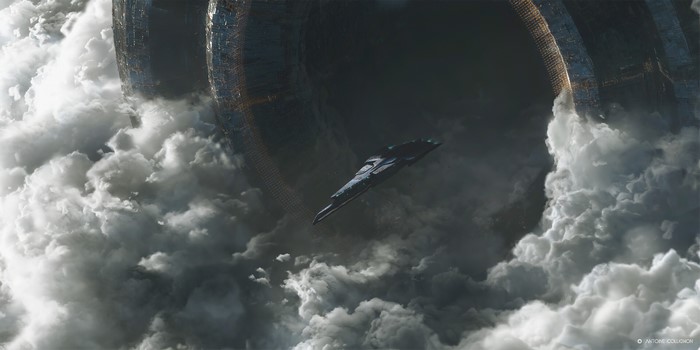 Spaceship near colossal gates in clouds, artwork