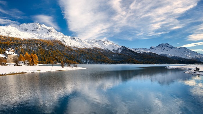 Snowy mountains and lake in Switzerland