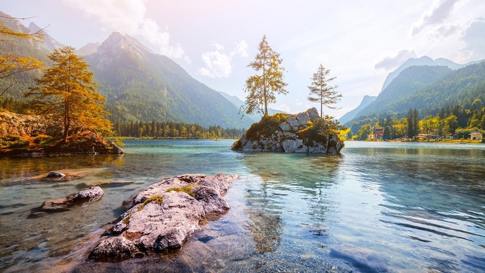 Lake Hintersee with Mountains and Trees in Germany