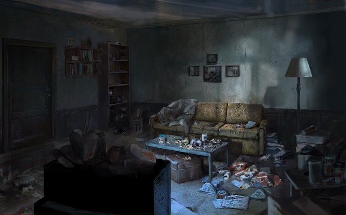 Artwork of a trashed apartment interior