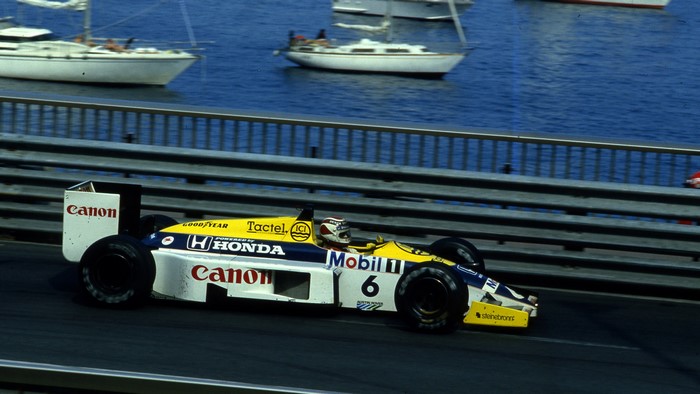 Nelson Piquet driving a Williams Honda F1 car in Monaco