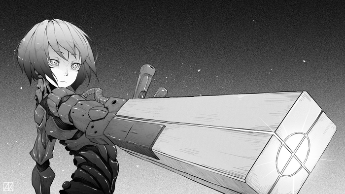 Sanakan from Blame! holding a large weapon