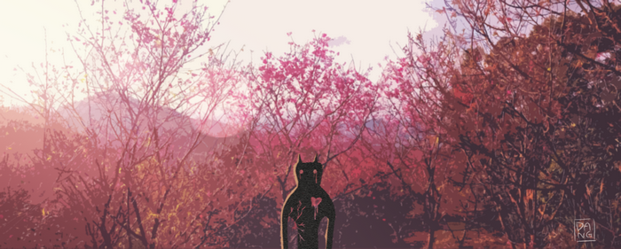 Silhouette creature with broken heart in cherry blossom forest