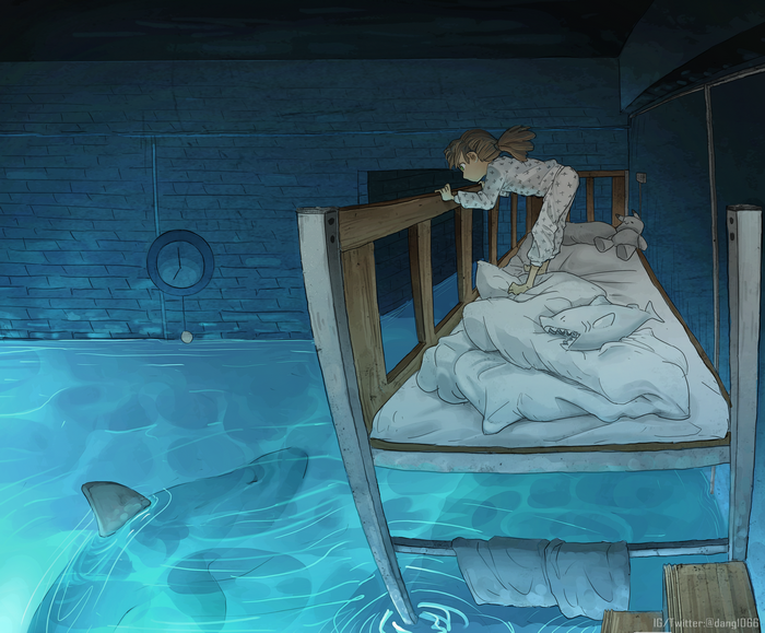 Girl in pajamas looking at sharks from a bed above water