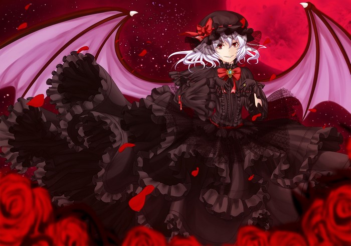 Remilia Scarlet from Touhou with bat wings and roses