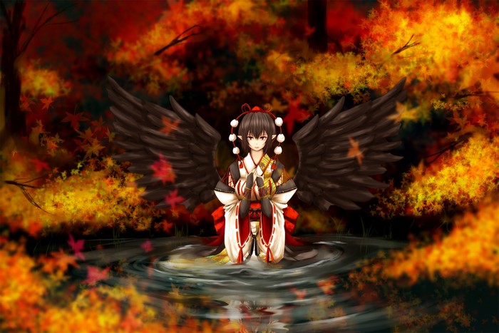 Aya Shameimaru from Touhou in a pond with autumn leaves