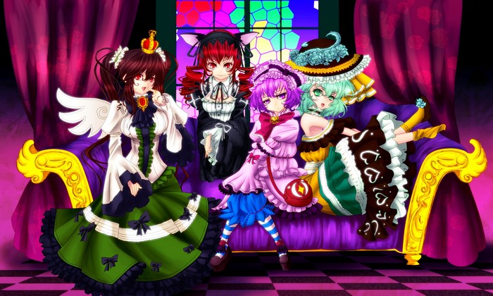 Anime girls from Touhou sitting on a couch