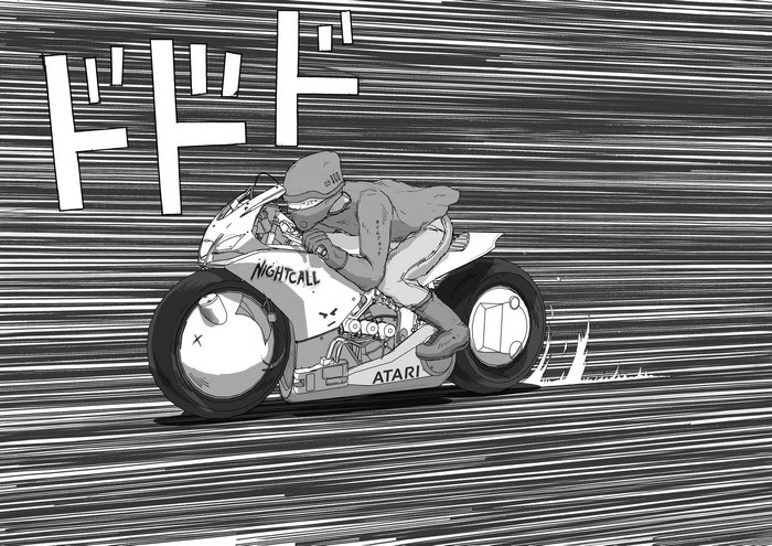 Manga panel of a biker on a motorcycle with speed lines